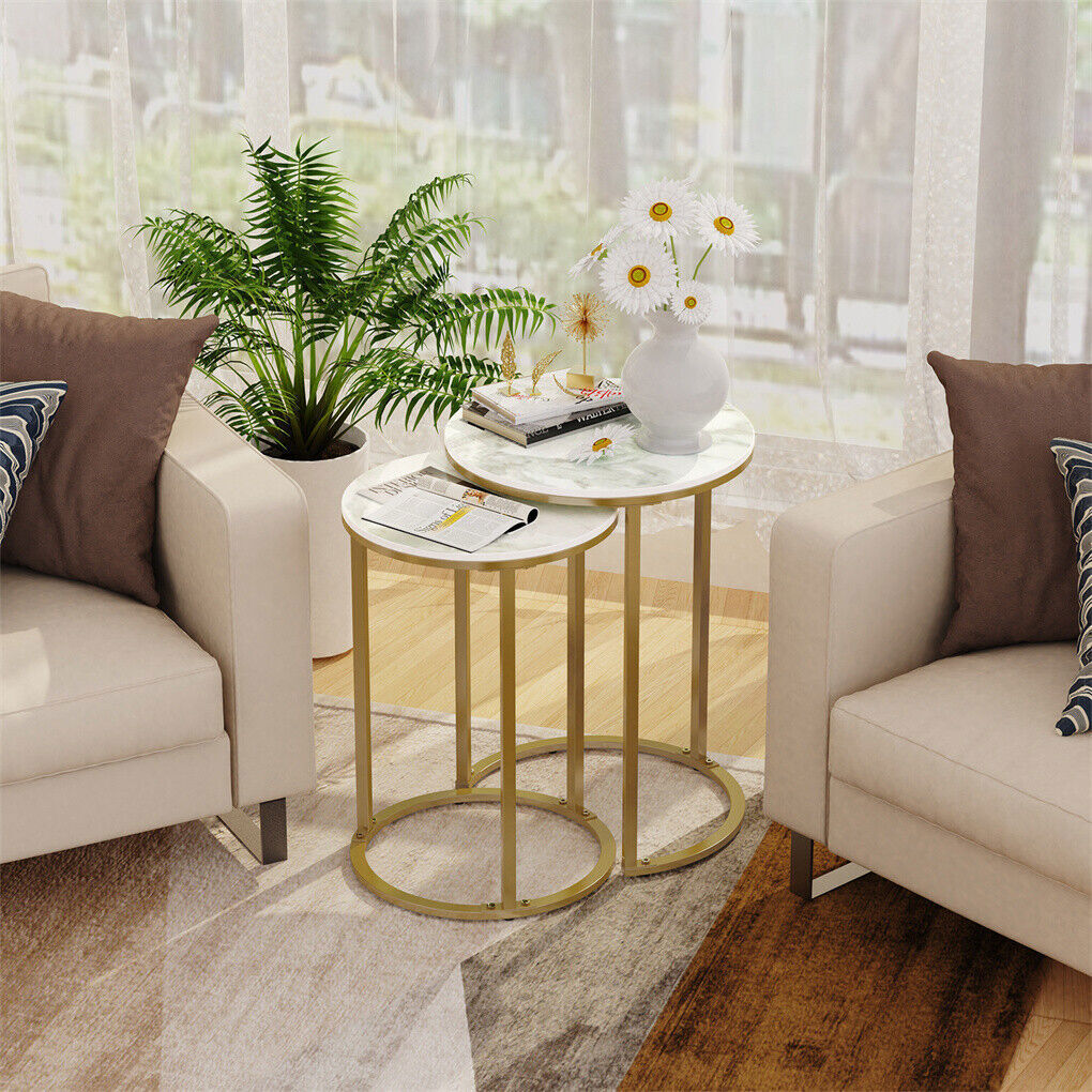 Side Tables: 2Pcs Gold Marble Nesting Side End Tables Round Small Stacking Drink Coffee Table