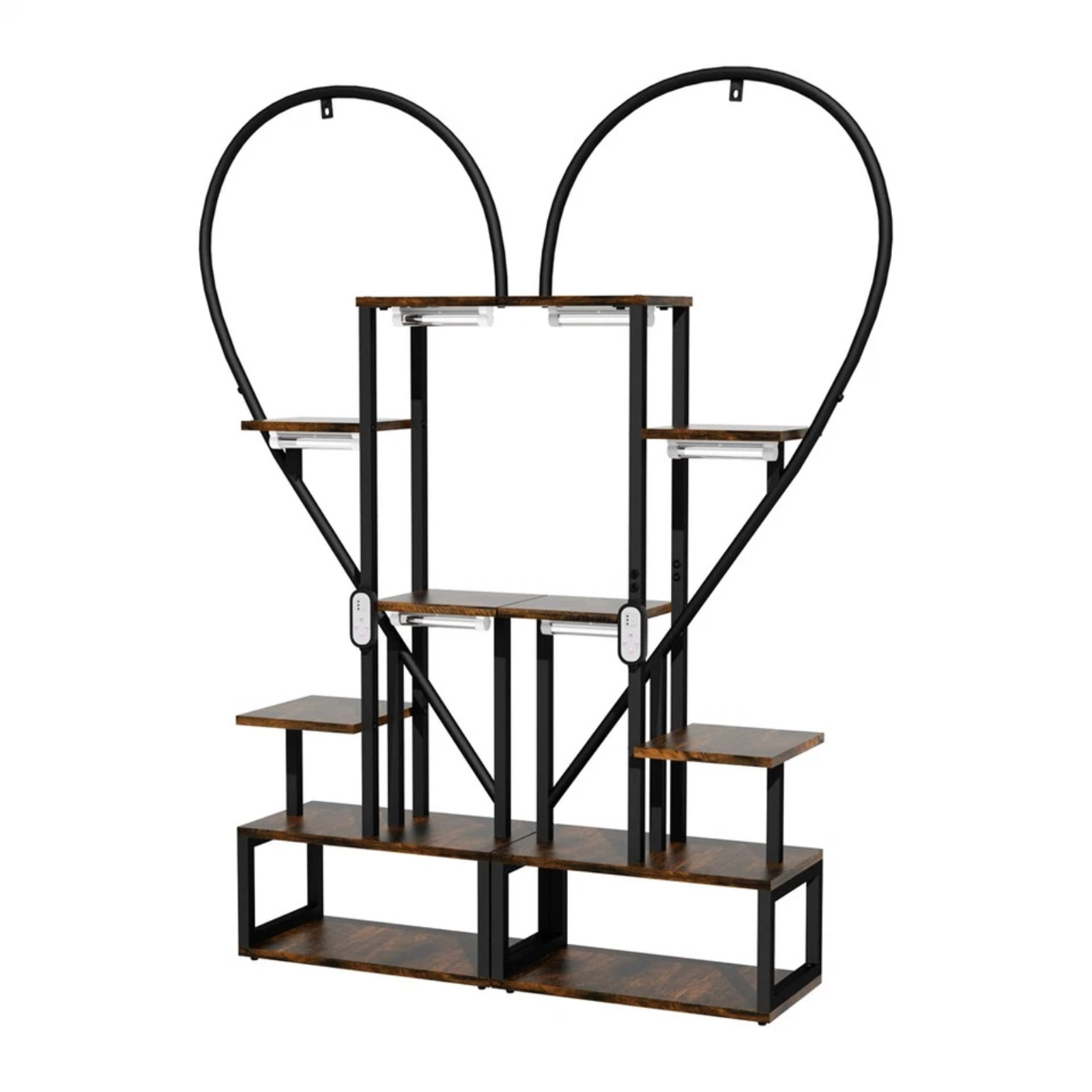 Gardening Accessories: P&P Black & Brown Heart-Shaped Plant Stand with USB Grow Lights for Indoor Plant Display