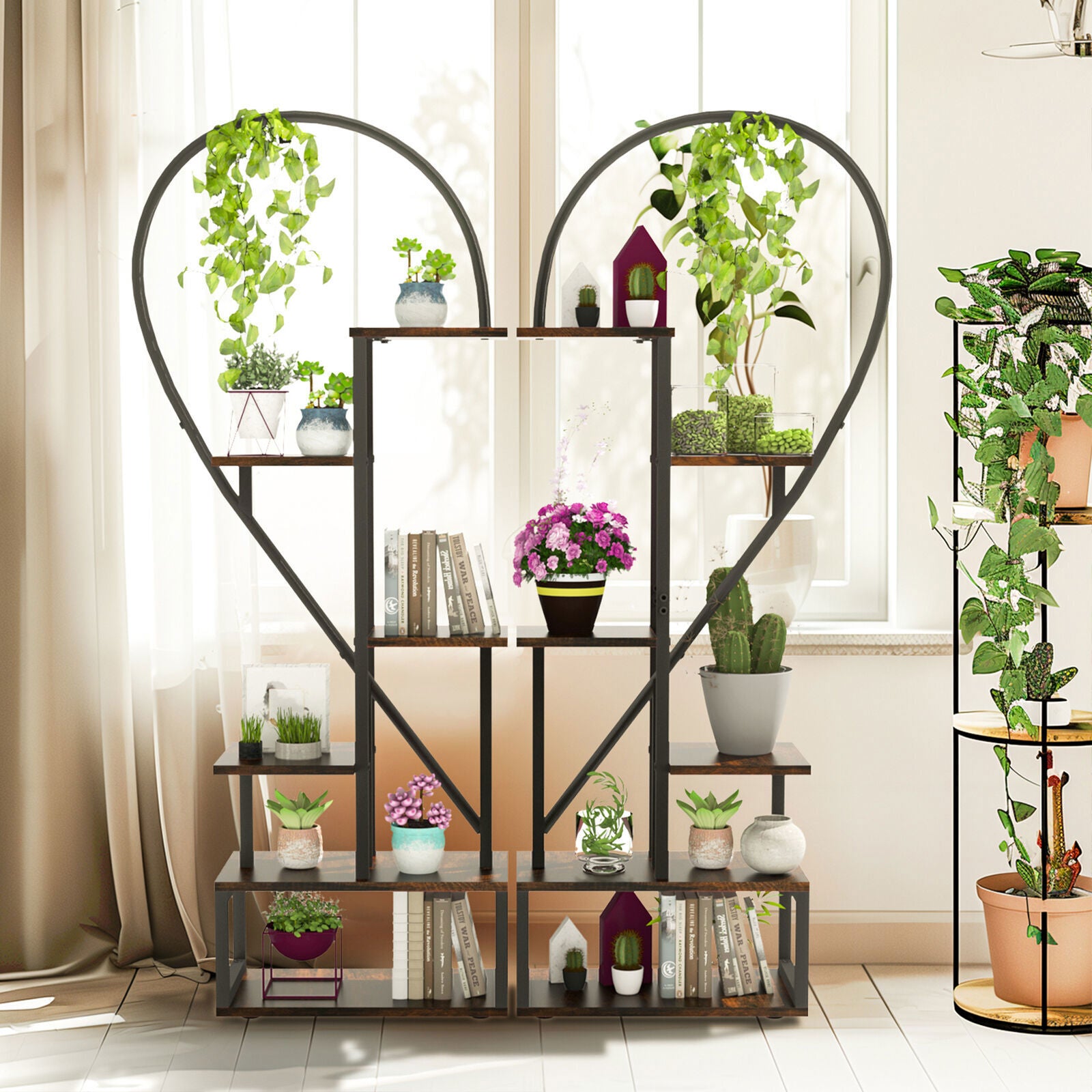 Gardening Accessories: Fin Merge/Separate Metal Plant Stand Heart Shape Ladder Book Shelf For Indoor Garden