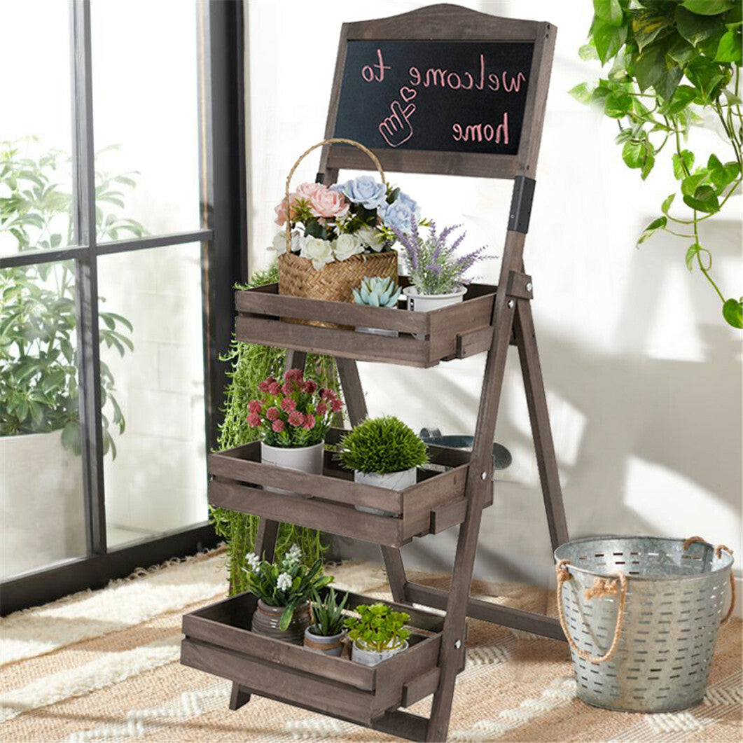 Pots, Planters & Accessories: 3-Tier A-Frame Wooden Sidewalk Sign Chalkboard With Display Shelf Planter Stand