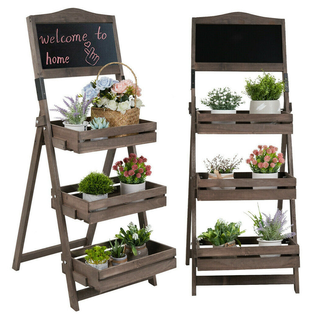 Pots, Planters & Accessories: 3-Tier A-Frame Wooden Sidewalk Sign Chalkboard With Display Shelf Planter Stand