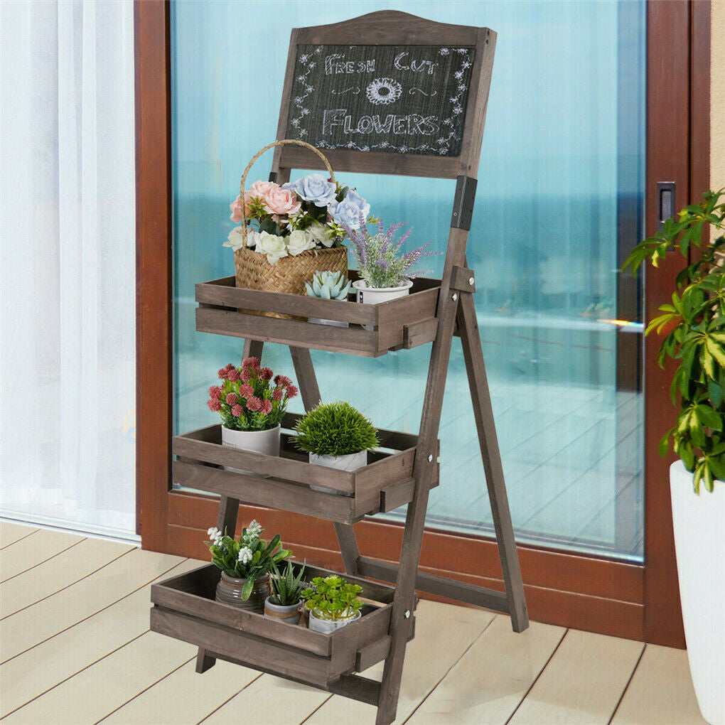 Pots, Planters & Accessories: 3-Tier A-Frame Wooden Sidewalk Sign Chalkboard With Display Shelf Planter Stand