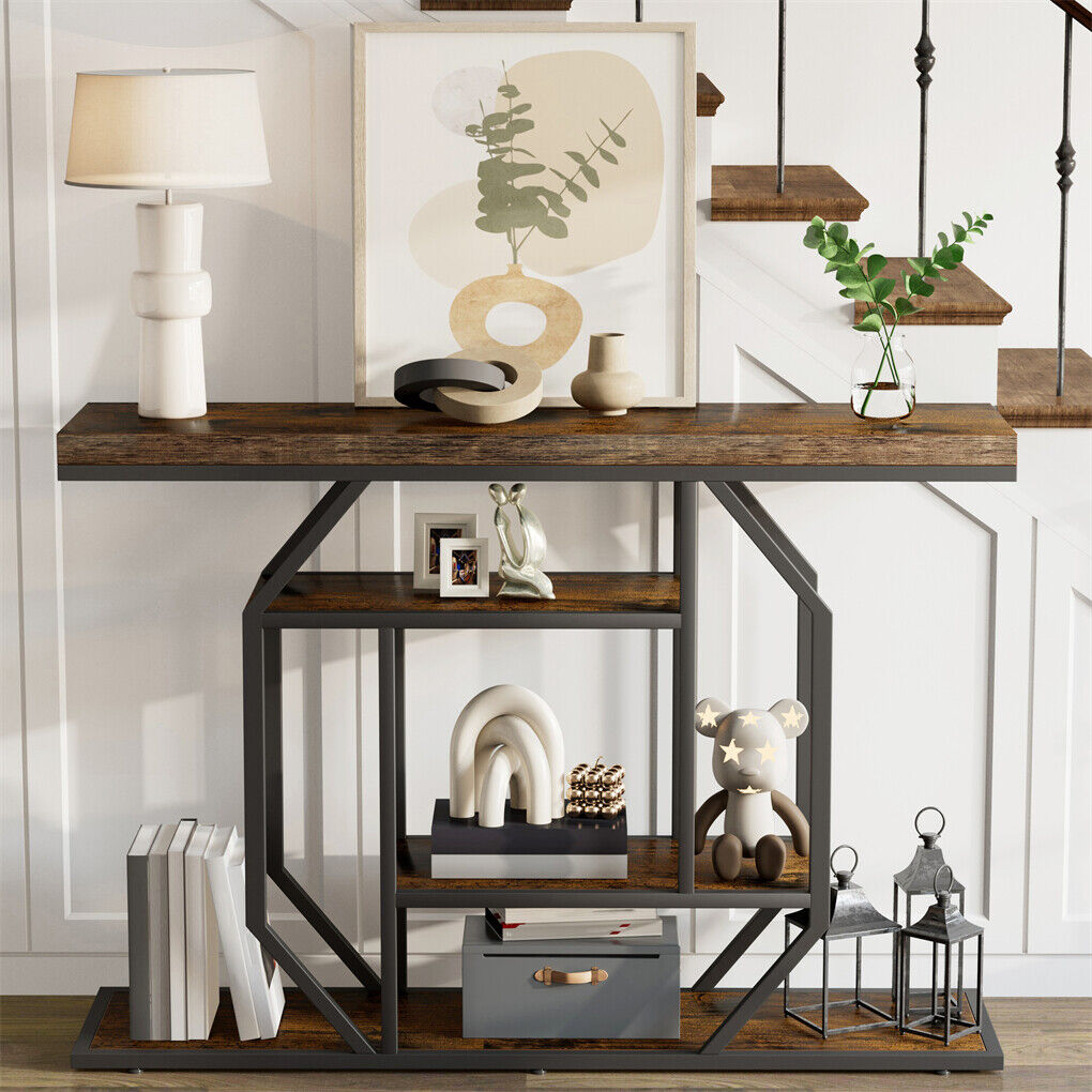 Table & Bar Stools: 4-Tier Large Vintage Console Table Ultra Long Entryway Sofa Storage Table Hallwa