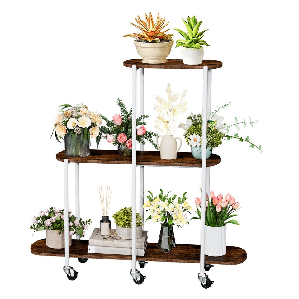Gardening Accessories: FIN Vintage Plant Holder 3 Tiers Storage Shelf Unit with Lockable Casters Garden