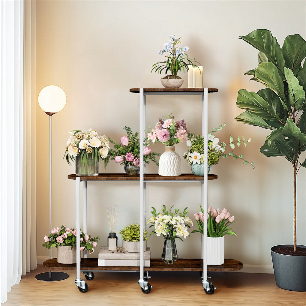 Gardening Accessories: FIN Vintage Plant Holder 3 Tiers Storage Shelf Unit with Lockable Casters Garden