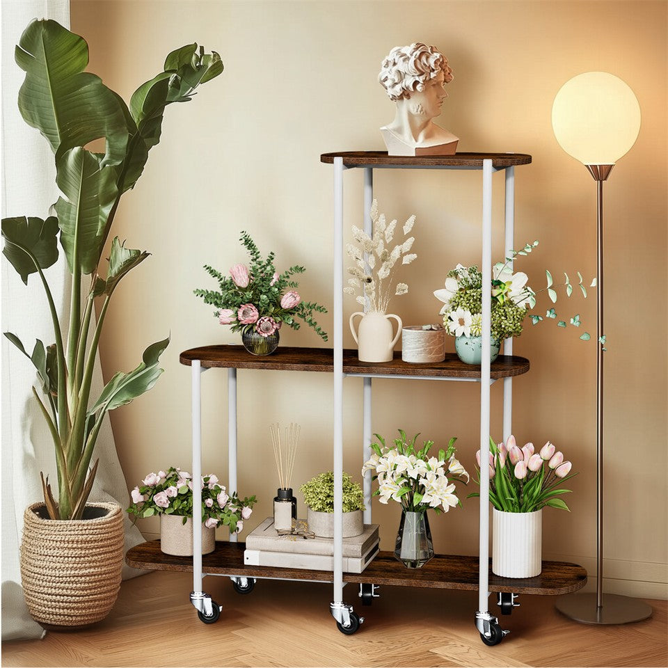 Gardening Accessories: FIN Vintage Plant Holder 3 Tiers Storage Shelf Unit with Lockable Casters Garden