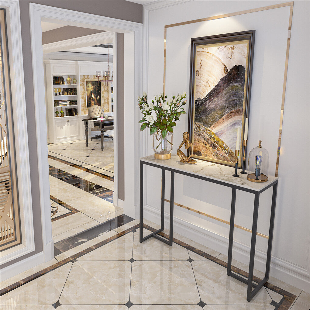 Side Tables: Exquisite Water Ripple Marble Console Table Bar Table w Thicken Stable Metal Leg