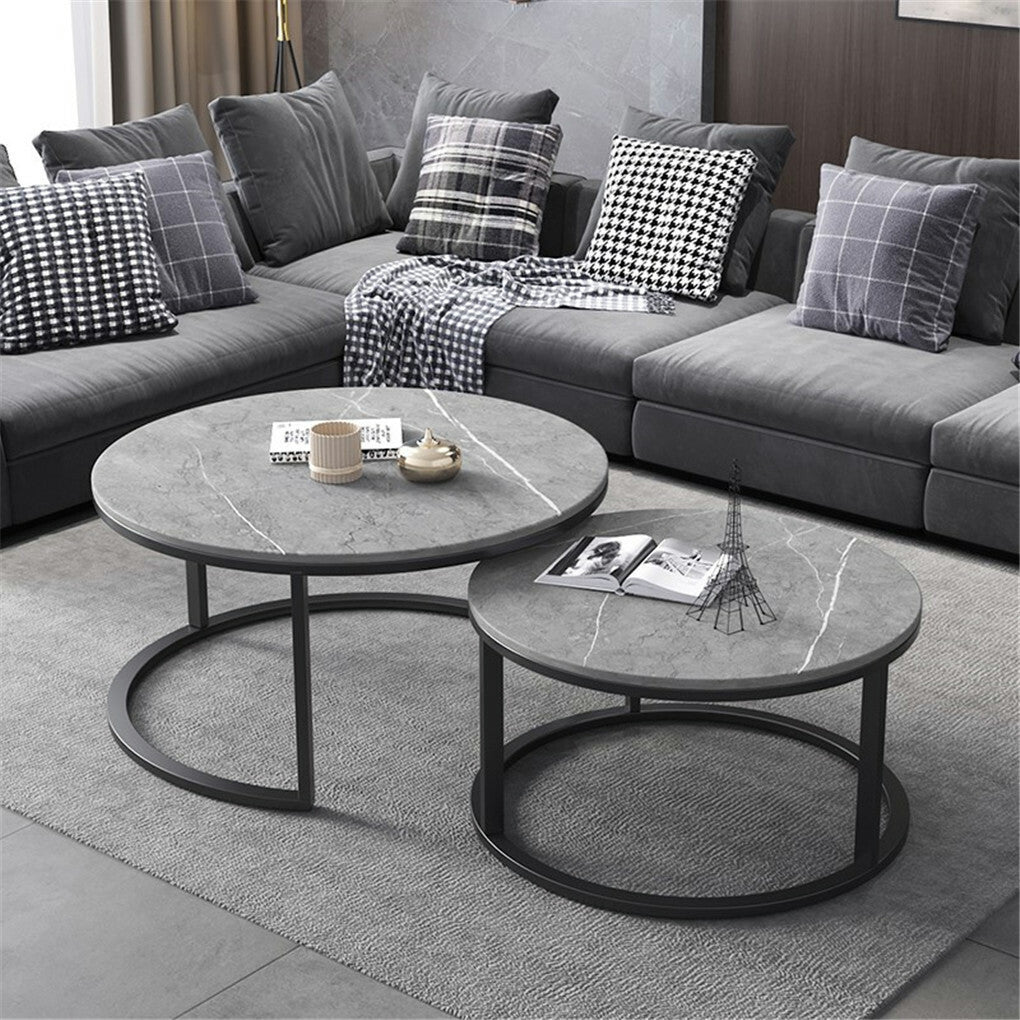 Side Tables: Set of 2 Grey Marble Round Nesting Tables