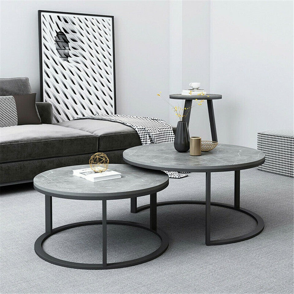 Side Tables: Set of 2 Grey Marble Round Nesting Tables