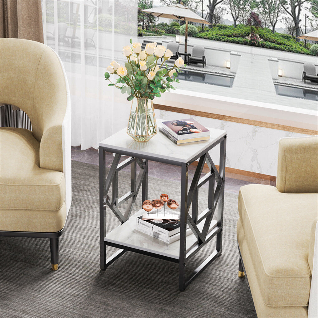 Side Tables: Sleek White Marble Side Table Sofa End Table Bedside Nightstand w Durable Frame