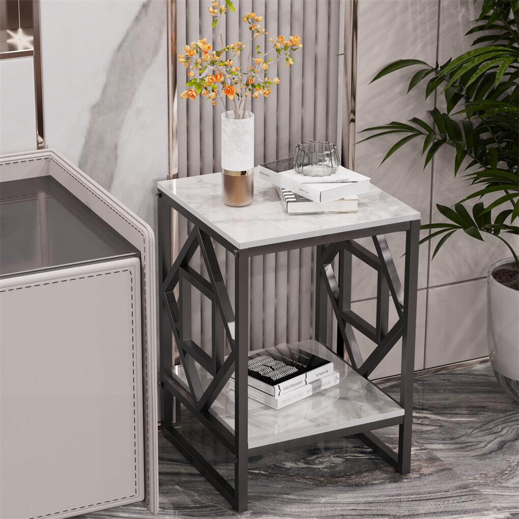 Side Tables: Sleek White Marble Side Table Sofa End Table Bedside Nightstand w Durable Frame