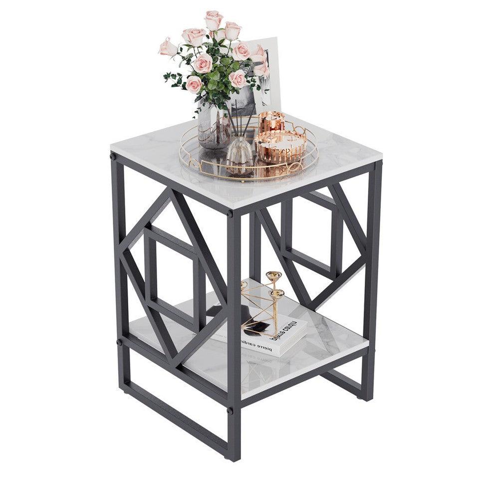 Side Tables: Sleek White Marble Side Table Sofa End Table Bedside Nightstand w Durable Frame