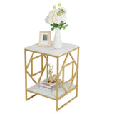Side Tables: White Marble Gold Side Table Living Room End Accent Table Nightstand with Shelf