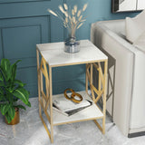 Side Tables: White Marble Gold Side Table Living Room End Accent Table Nightstand with Shelf