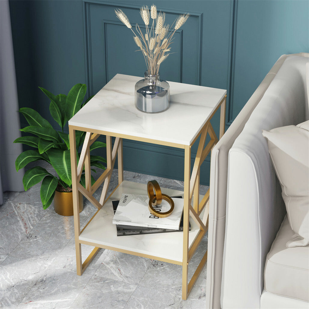 Side Tables: White Marble Gold Side Table Living Room End Accent Table Nightstand with Shelf