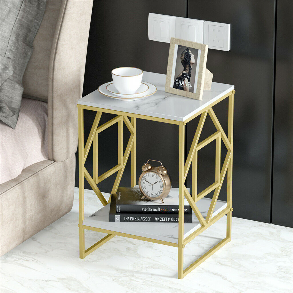 Side Tables: White Marble Gold Side Table Living Room End Accent Table Nightstand with Shelf
