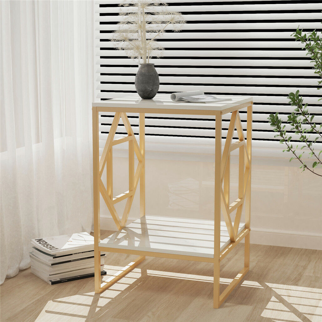 Side Tables: White Marble Gold Side Table Living Room End Accent Table Nightstand with Shelf