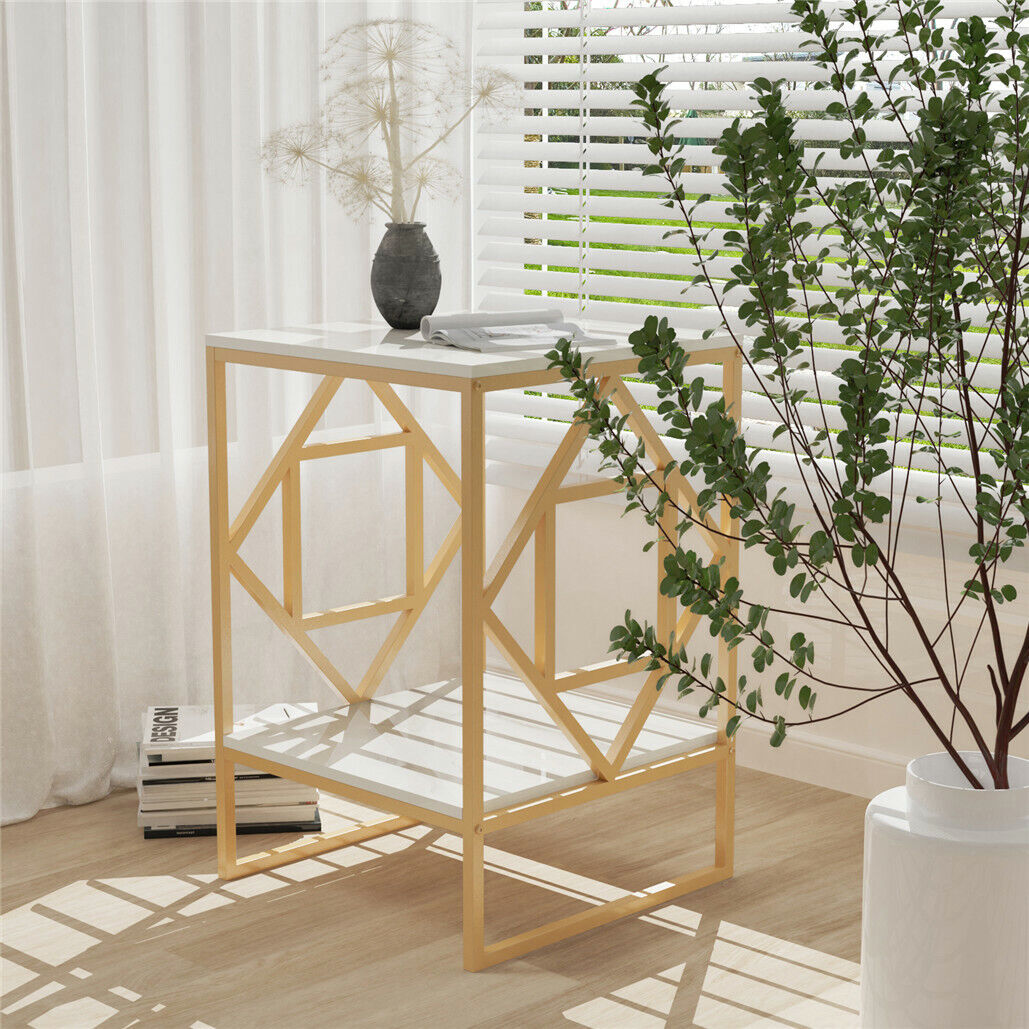 Side Tables: White Marble Gold Side Table Living Room End Accent Table Nightstand with Shelf
