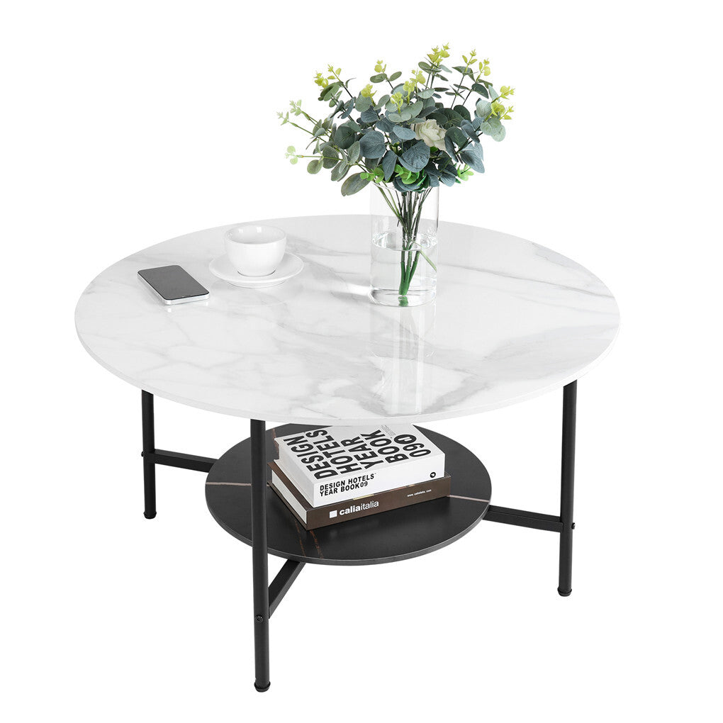 Coffee Tables: White Real Marble Round Coffee Table w/ Open Storage Modern Living Accent Table