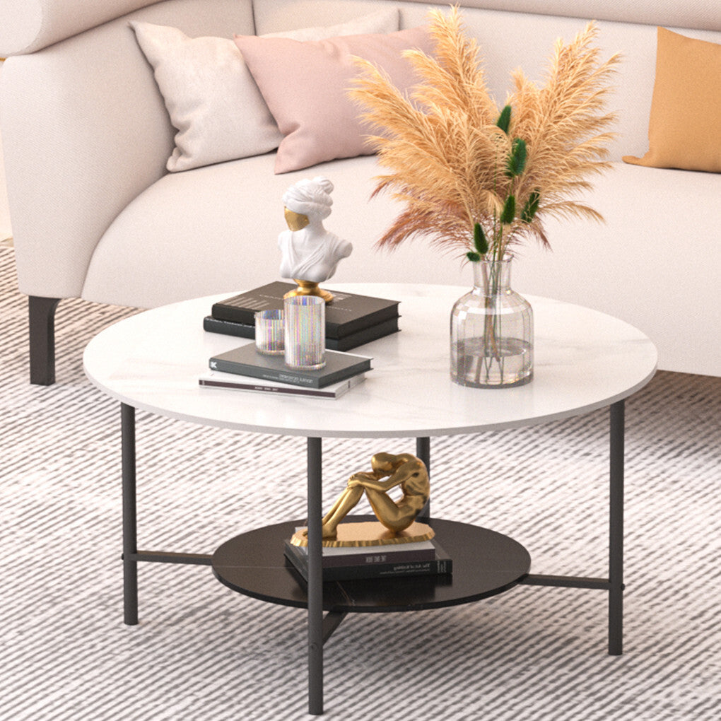 Coffee Tables: White Real Marble Round Coffee Table w/ Open Storage Modern Living Accent Table