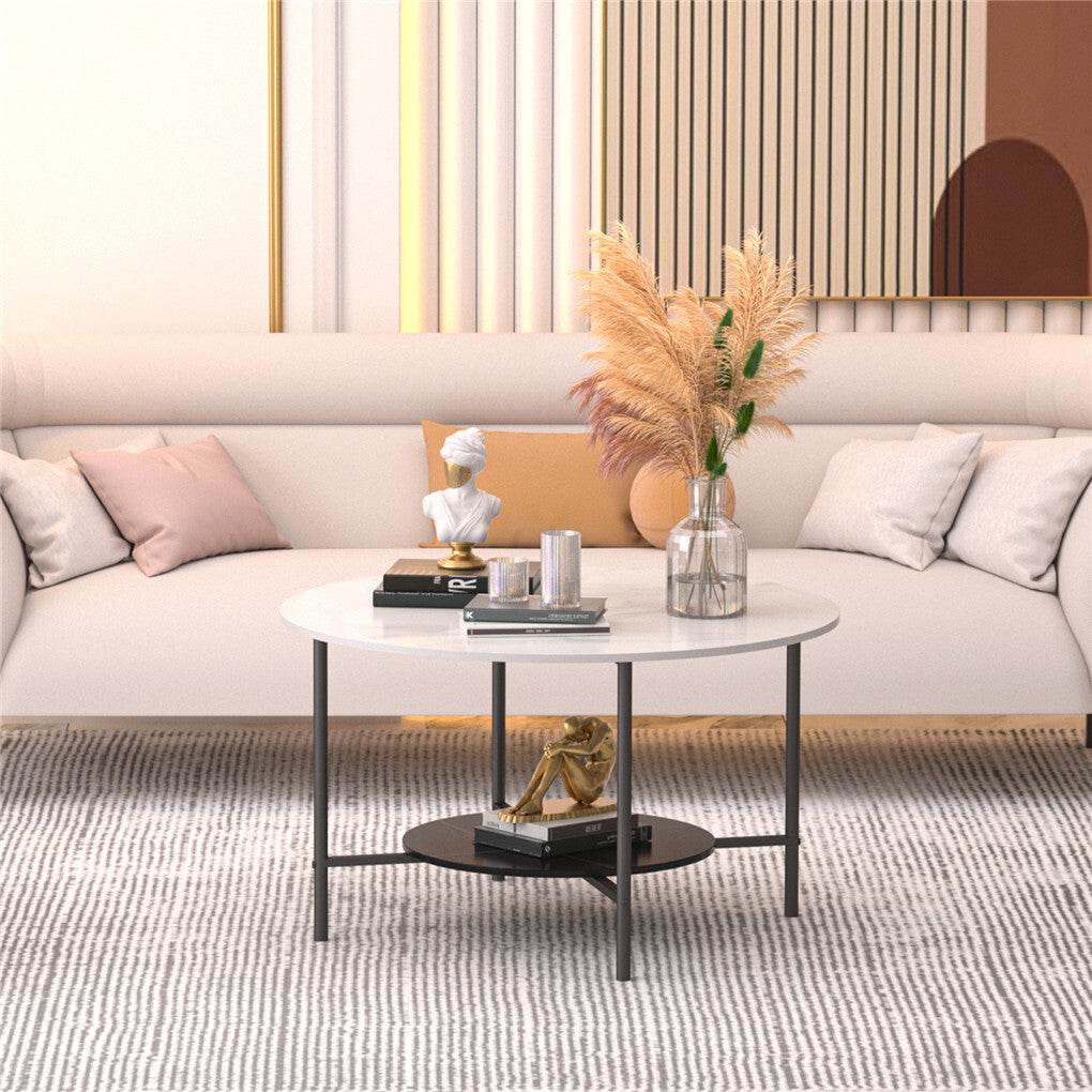 Coffee Tables: White Real Marble Round Coffee Table w/ Open Storage Modern Living Accent Table