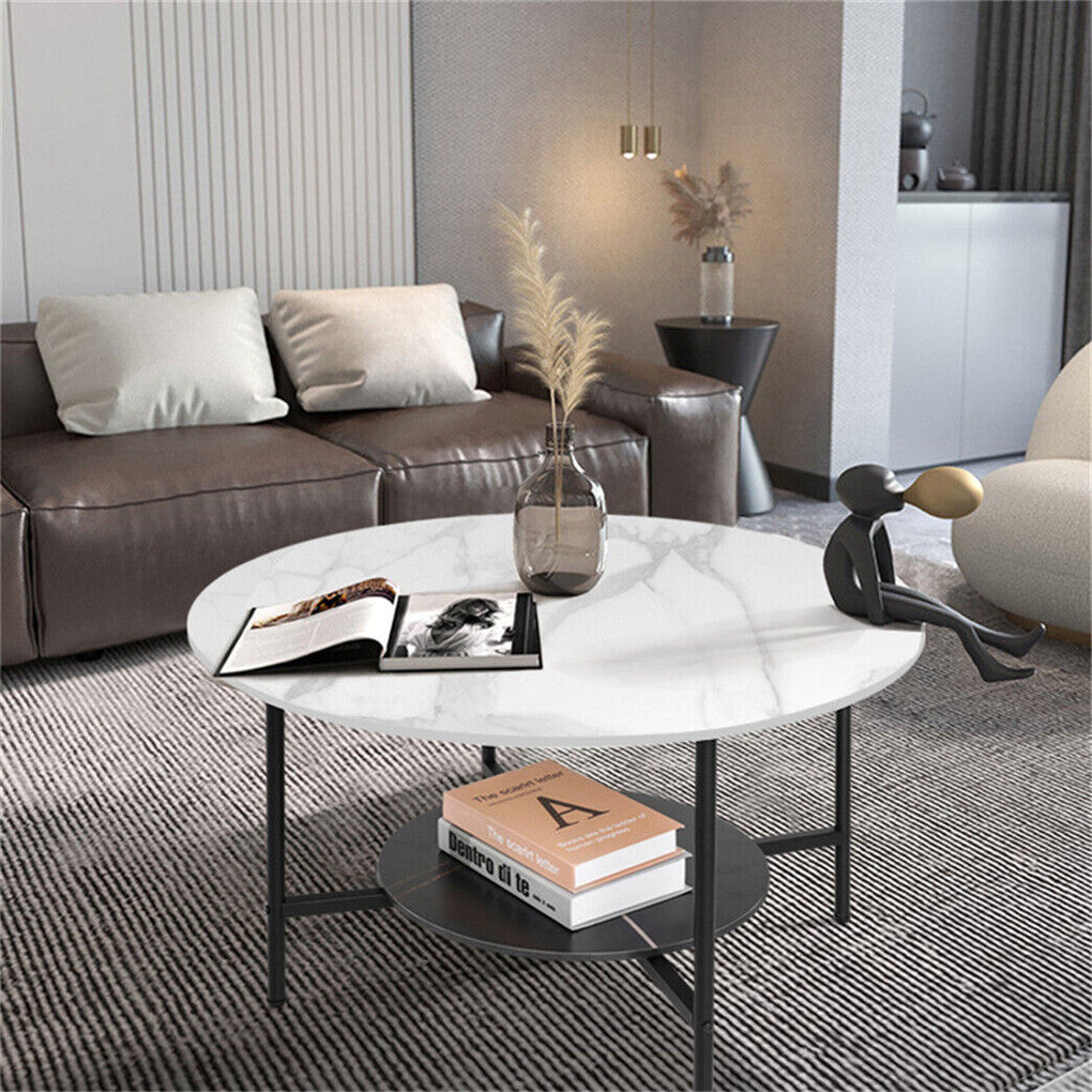 Coffee Tables: White Real Marble Round Coffee Table w/ Open Storage Modern Living Accent Table