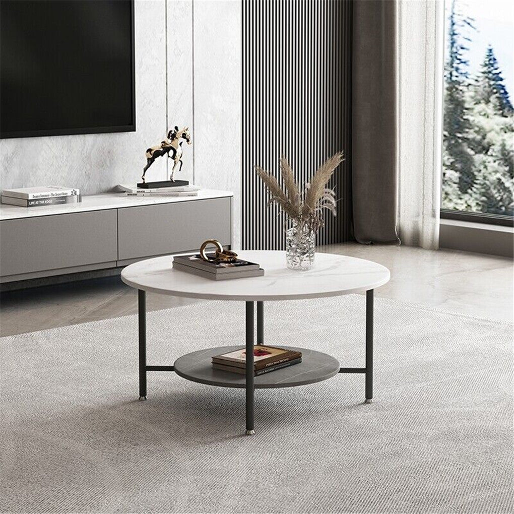 Coffee Tables: White Real Marble Round Coffee Table w/ Open Storage Modern Living Accent Table