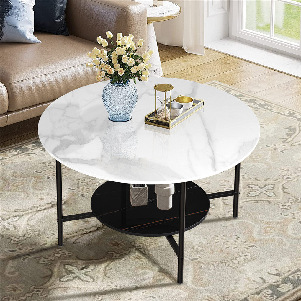 Coffee Tables: White Real Marble Round Coffee Table w/ Open Storage Modern Living Accent Table
