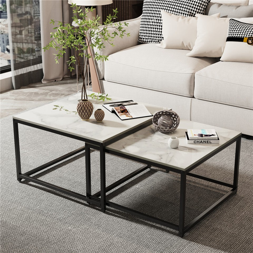 Coffee Tables: Marble Nesting Coffee Table Side End Tables Bedside Furniture with Solid Metal Frame