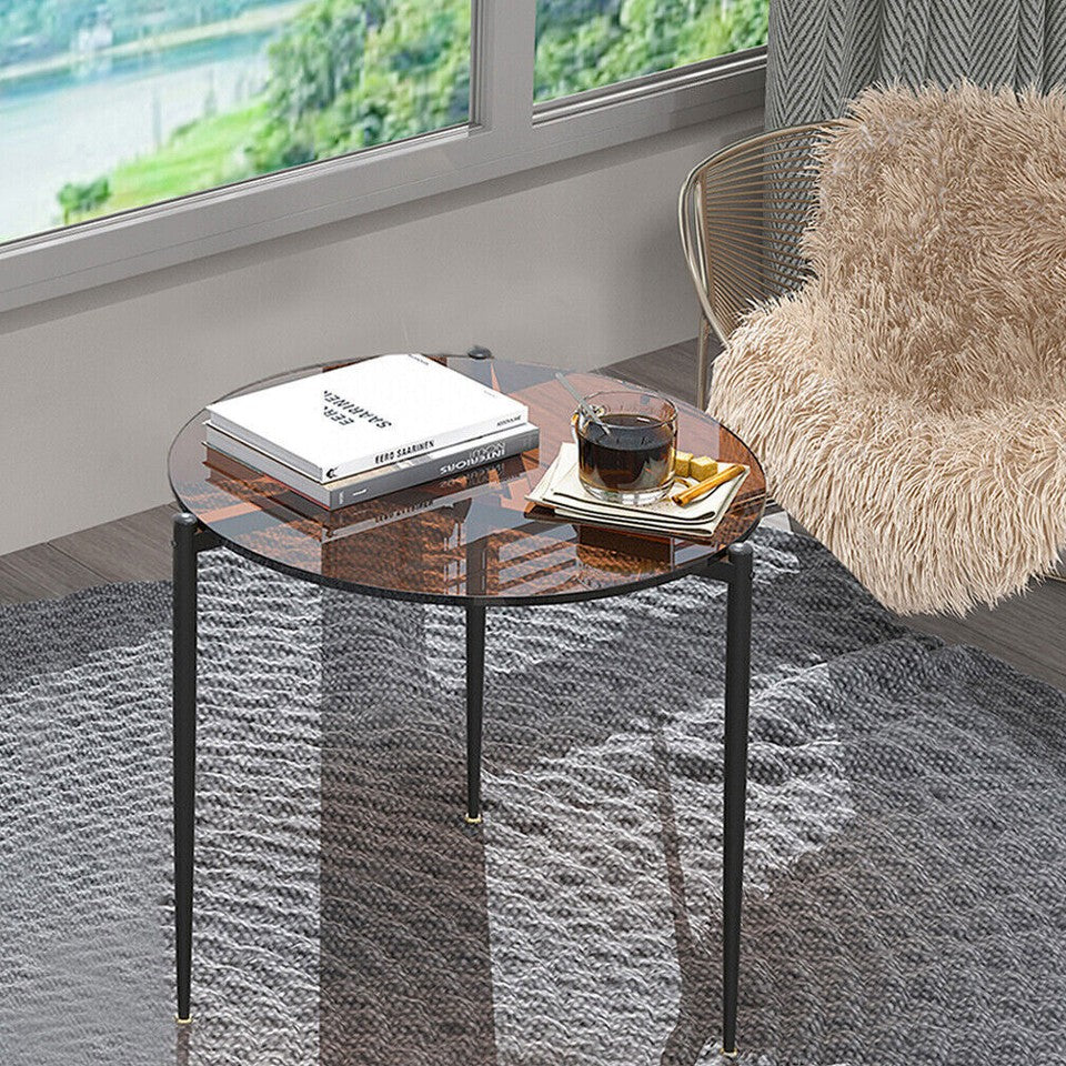 Coffee Tables: Modern Round Tempered Glass Coffee Table Sofa Side End Table Brown Tinted Metal Frame Living Room
