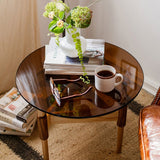 Coffee Tables: Modern Round Tempered Glass Coffee Table Sofa Side End Table Brown Tinted Metal Frame Living Room