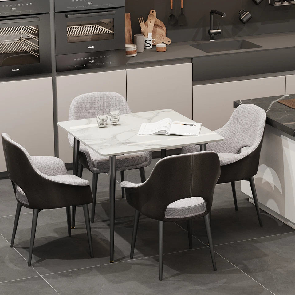 Dining Tables: White Sintered Stone Dining Table With Black Legs For Modern Interiors