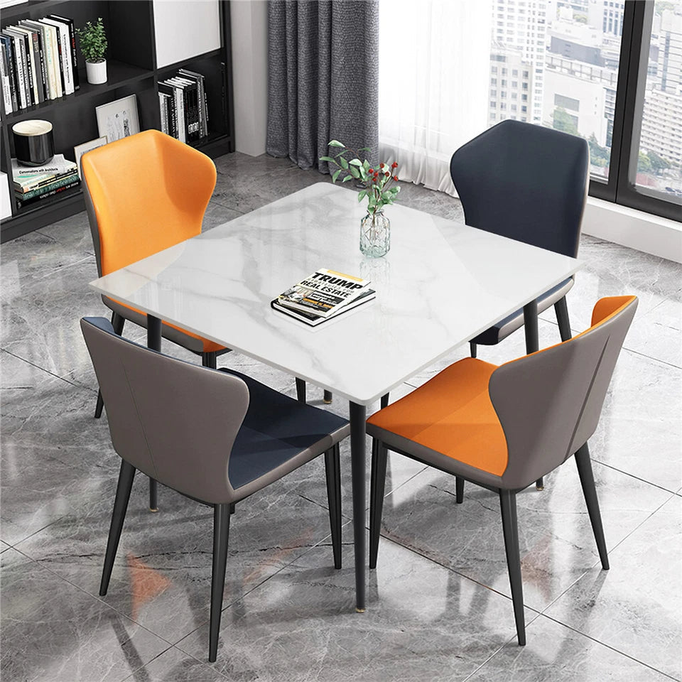 Dining Tables: White Sintered Stone Dining Table With Black Legs For Modern Interiors