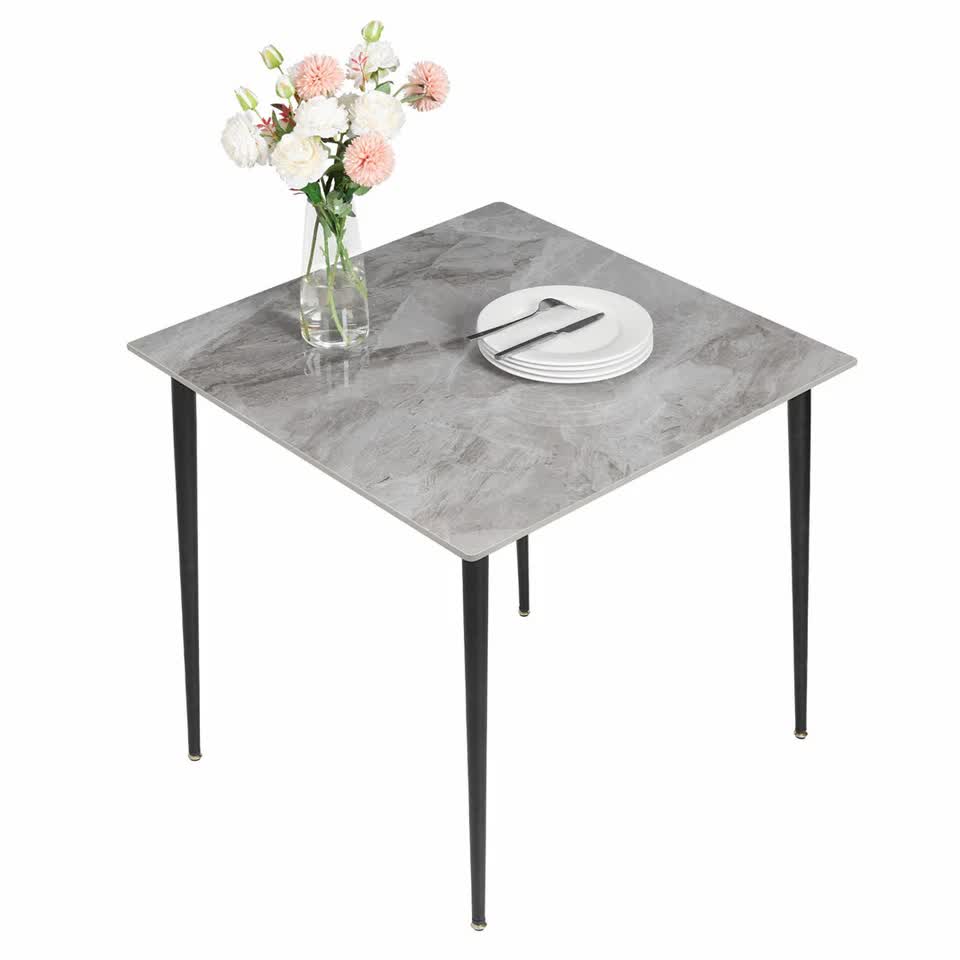 Dining Tables: Square Marble Dining Table Sintered Stone Kitchen Table 80x80cm - Modern Restaurant Table with Metal Legs