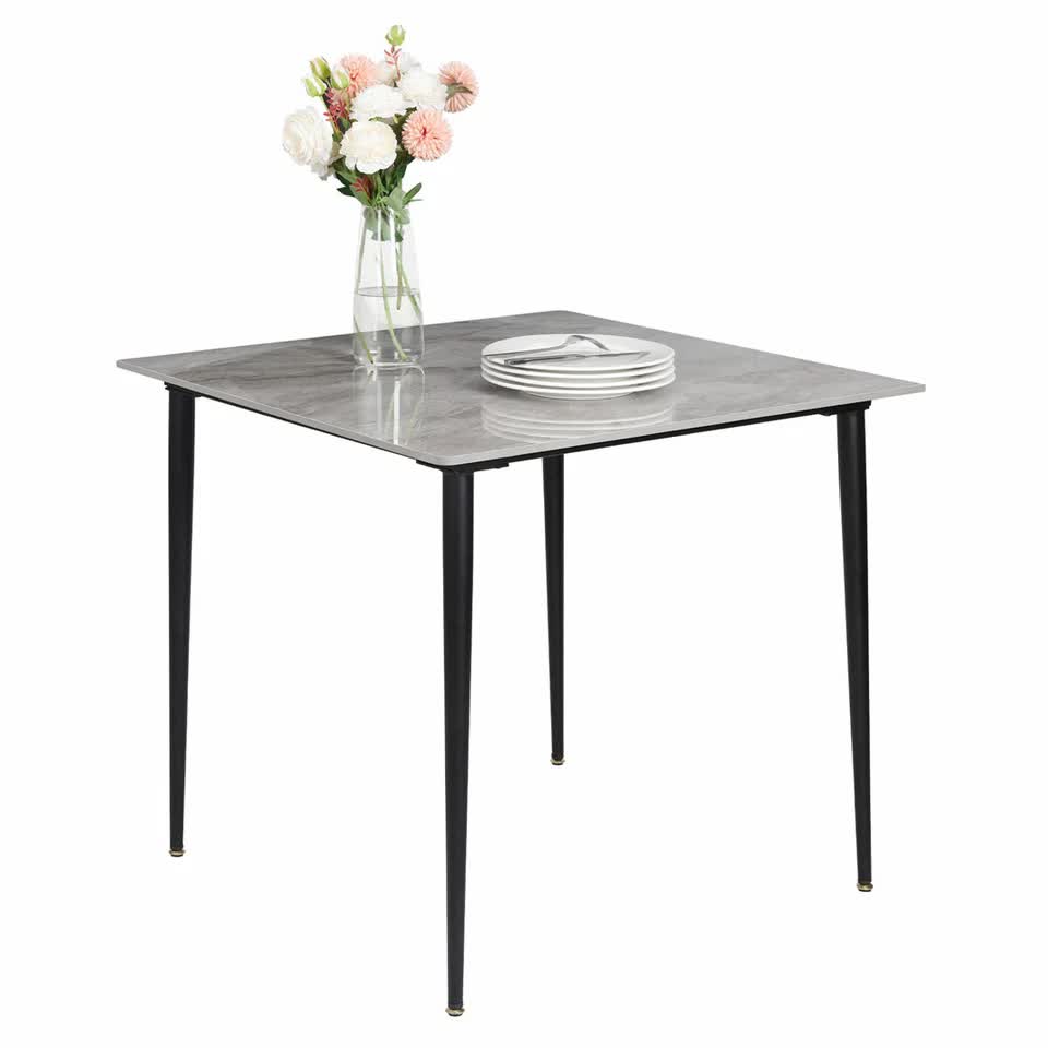 Dining Tables: Square Marble Dining Table Sintered Stone Kitchen Table 80x80cm - Modern Restaurant Table with Metal Legs