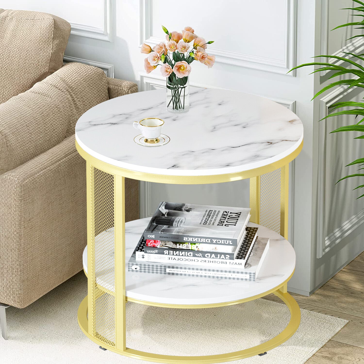 Coffee Tables: White Marble Side End Table Round Coffee Accent Table Nightstand Gold Iron Frame