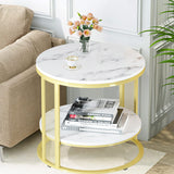 Coffee Tables: White Marble Side End Table Round Coffee Accent Table Nightstand Gold Iron Frame