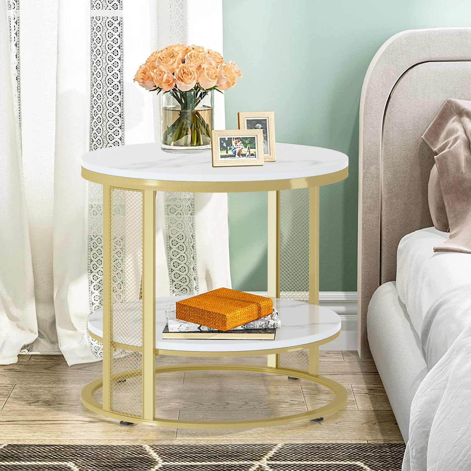 Coffee Tables: White Marble Side End Table Round Coffee Accent Table Nightstand Gold Iron Frame
