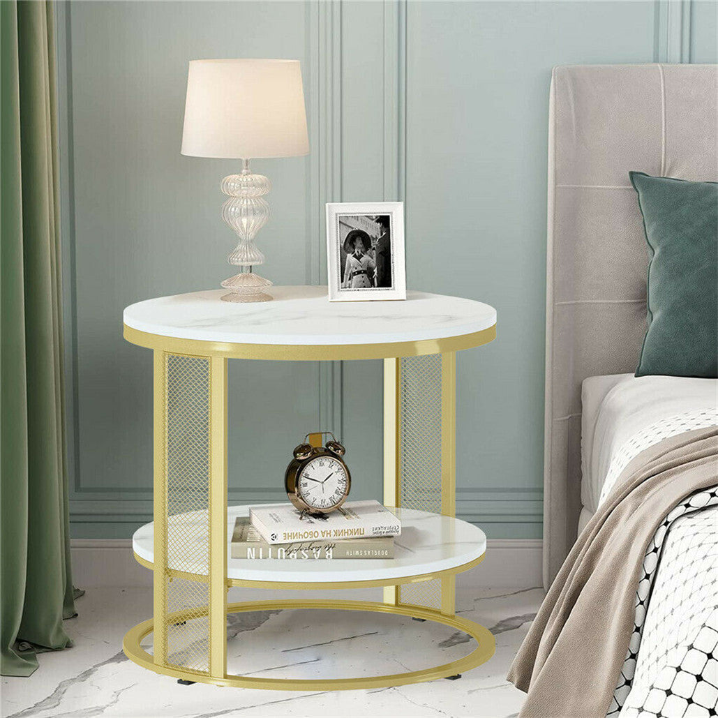 Coffee Tables: White Marble Side End Table Round Coffee Accent Table Nightstand Gold Iron Frame
