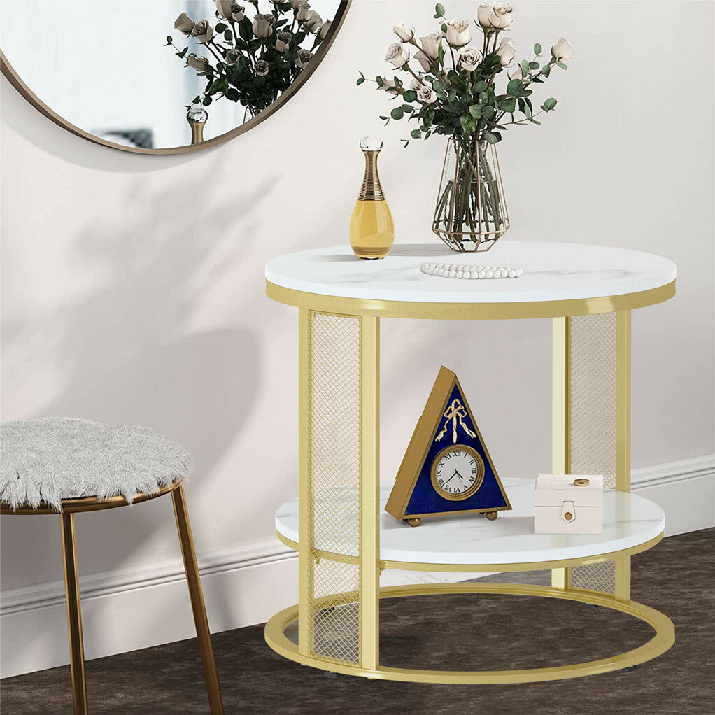 Coffee Tables: White Marble Side End Table Round Coffee Accent Table Nightstand Gold Iron Frame