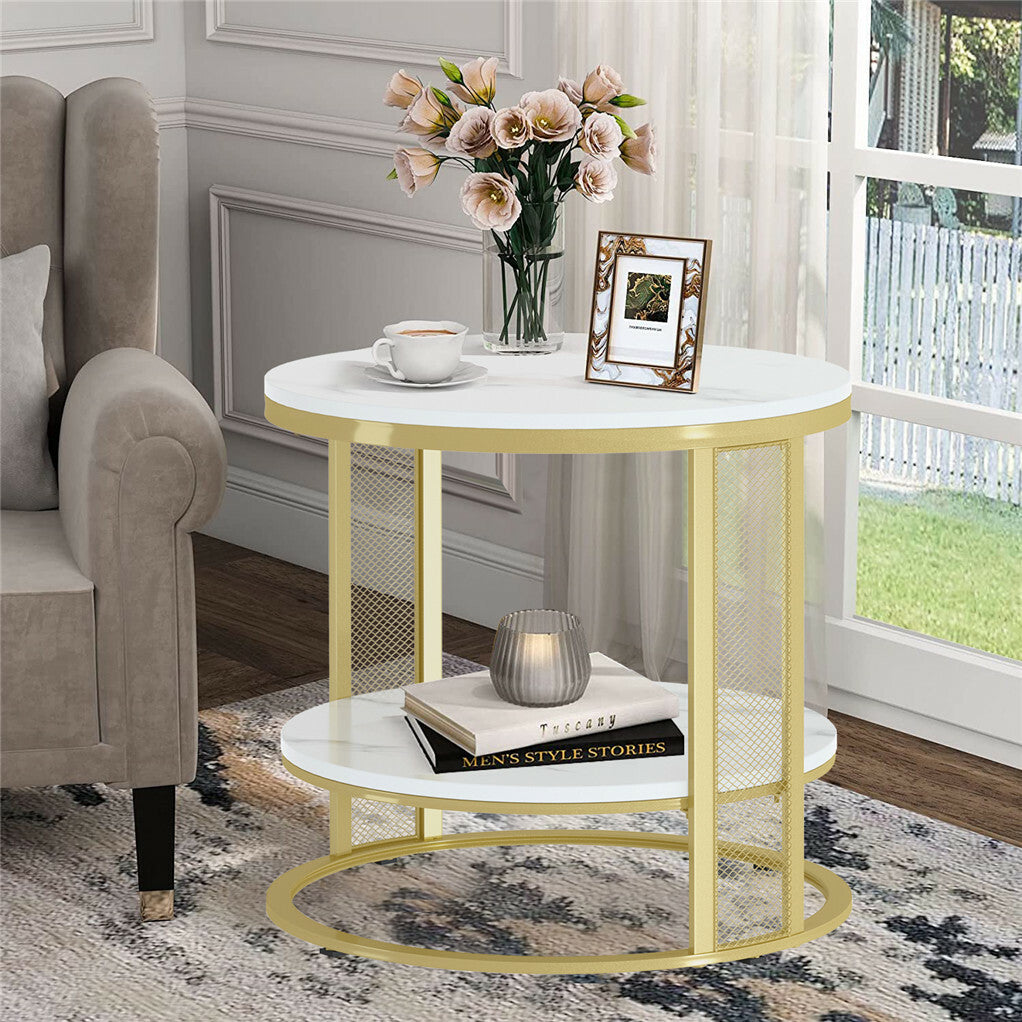 Coffee Tables: White Marble Side End Table Round Coffee Accent Table Nightstand Gold Iron Frame