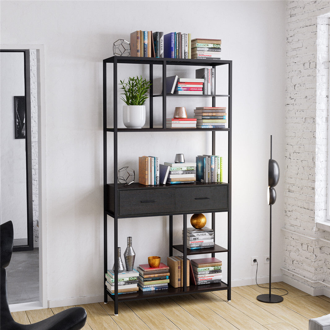 Bookcases & Shelves: 180Cm Tall Bookshelf With Drawers Industrial Bookcase W/ 6 Tiers Storage Shelves