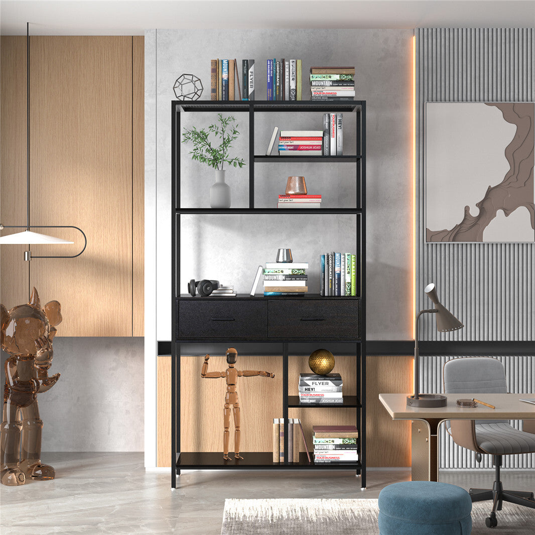 Bookcases & Shelves: 180Cm Tall Bookshelf With Drawers Industrial Bookcase W/ 6 Tiers Storage Shelves
