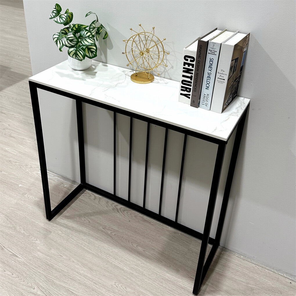 Side Tables: Fin 80Cm Sintered Stone Console Table Storage Table Behind Sofa W/ Black Metal Frame
