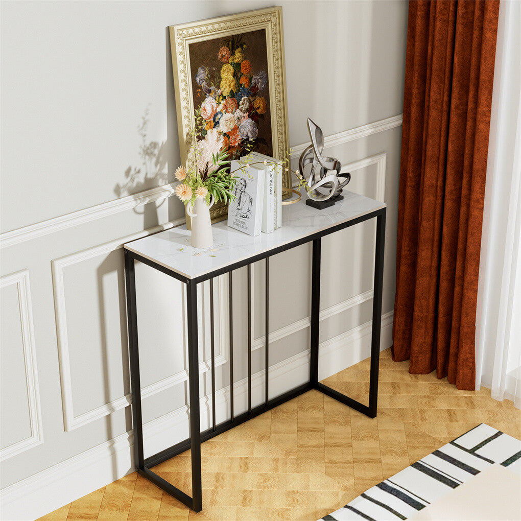 Side Tables: Fin 80Cm Sintered Stone Console Table Storage Table Behind Sofa W/ Black Metal Frame