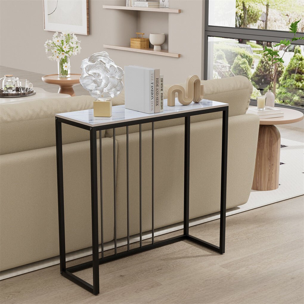 Side Tables: Fin 80Cm Sintered Stone Console Table Storage Table Behind Sofa W/ Black Metal Frame