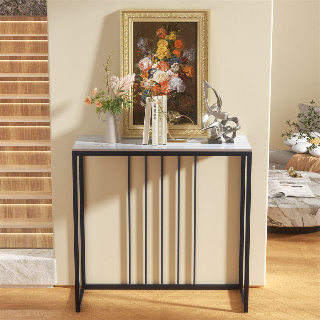 Side Tables: Fin 80Cm Sintered Stone Console Table Storage Table Behind Sofa W/ Black Metal Frame