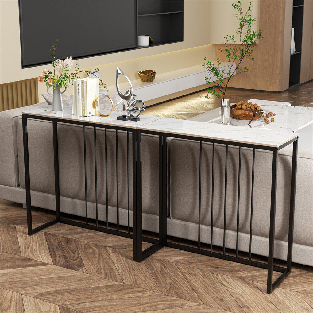Side Tables: Fin 80Cm Sintered Stone Console Table Storage Table Behind Sofa W/ Black Metal Frame