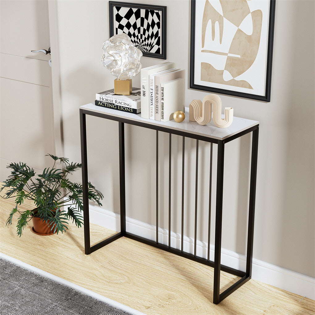 Side Tables: Fin 80Cm Sintered Stone Console Table Storage Table Behind Sofa W/ Black Metal Frame