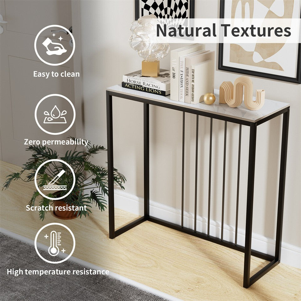Side Tables: Fin 80Cm Sintered Stone Console Table Storage Table Behind Sofa W/ Black Metal Frame